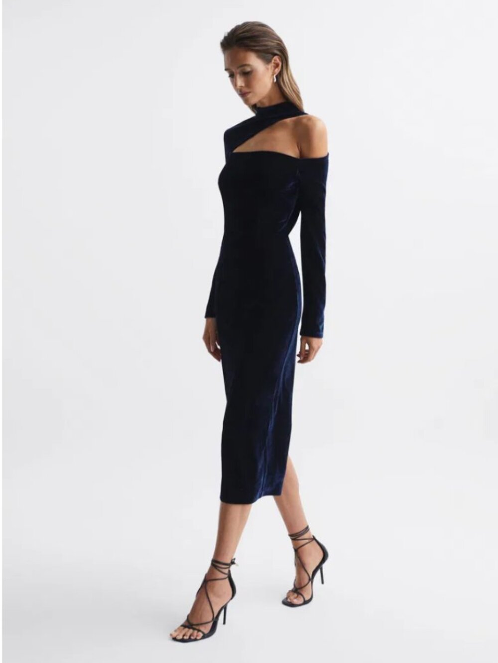 Reiss Tatiana Asymmetric Cutout Velvet Dress in Blue